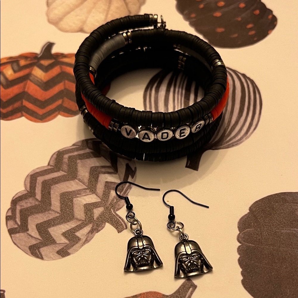 Hand Crafted Vader Beaded Bracelet and Earrings in Black, Grey and Red